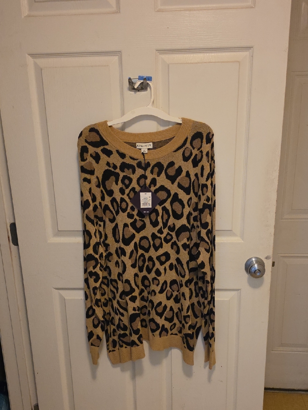 Ava & Viv Camel and Black Leopard Print Crewneck Sweater